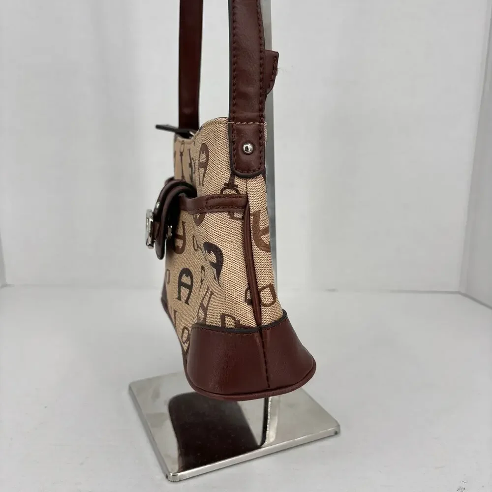 Etienne Aigner Handbag Tan Brown Canvas Leather Trim‎ Traditional Logo